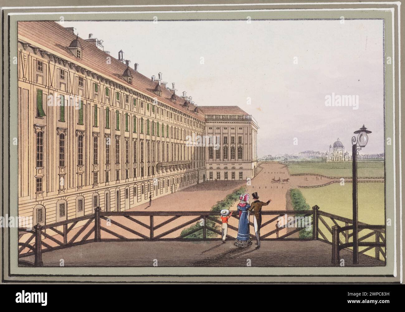 Gemälde eines Flügels des Schlosses Schönbrunn in Wien von Tranquillo Mollo zwischen 1818 und 1823 mit architektonischen Merkmalen und Szenarien. Stockfoto