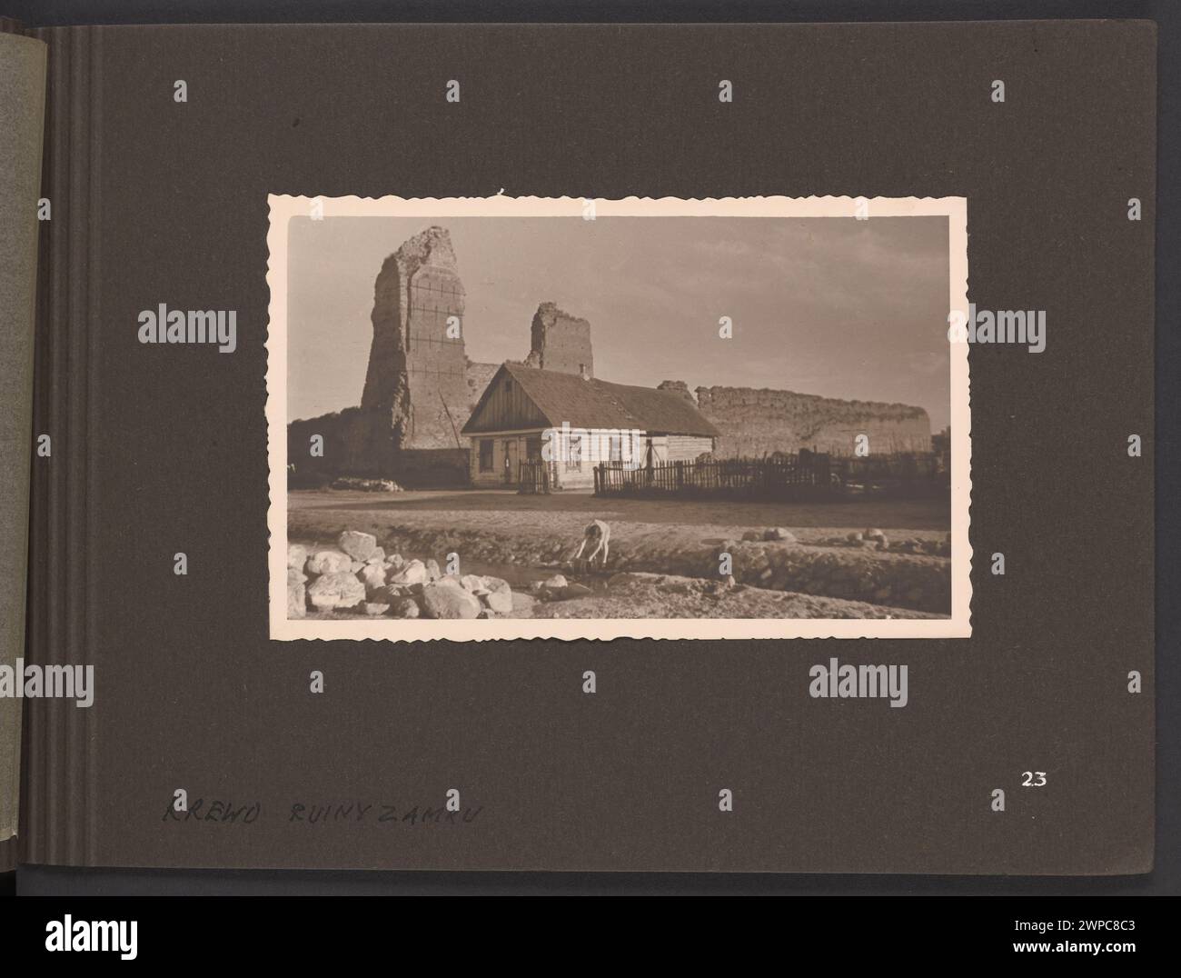 Fotografie der Ruinen einer Burg, aufgenommen von Edmund und Boles Zdanowscy in den 1930er Jahren, gedruckt auf bromfarbenem Fotopapier. Der Druck misst 8,7 x 13,9 cm und ist auf einer Karte von 16,7 x 24,7 cm montiert. Stockfoto