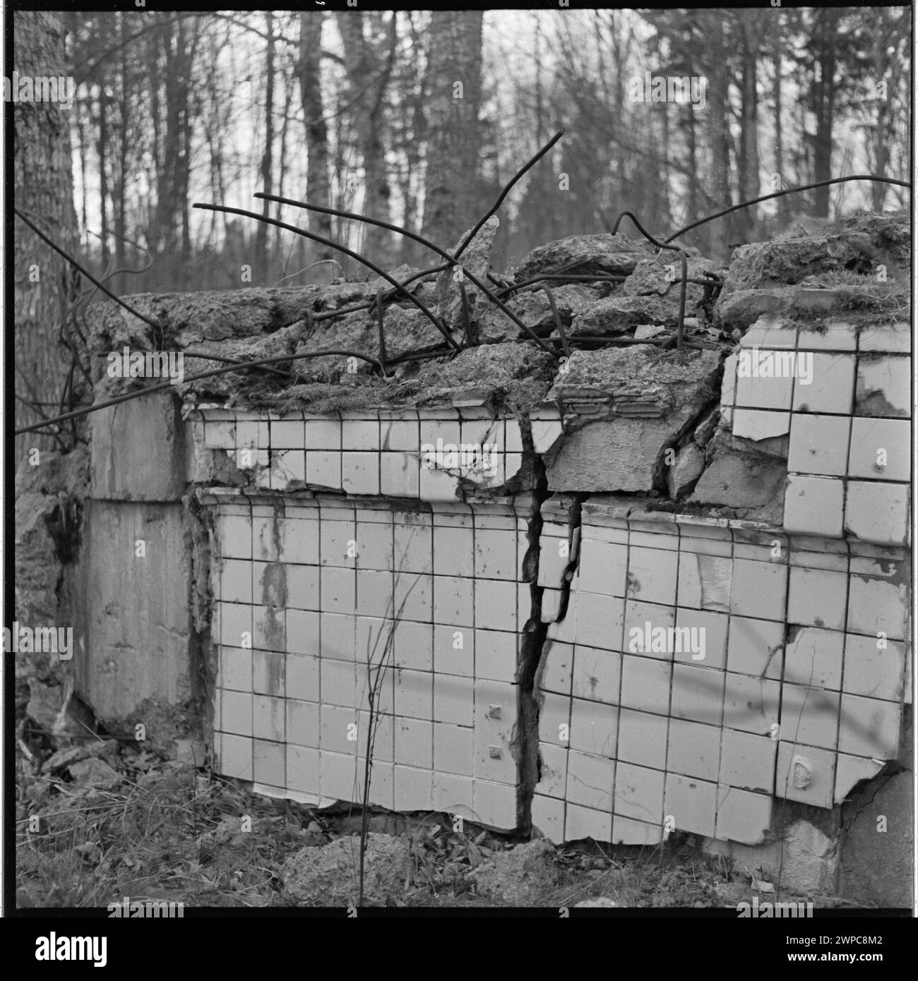 Fotografien dokumentieren die Überreste eines Bunkers in Wilcze Szańc, einem Teil des Hauptquartiers Adolf Hitlers, wie in einem artikel von Mirosław Azembski aus dem Jahr 1953 beschrieben. Stockfoto