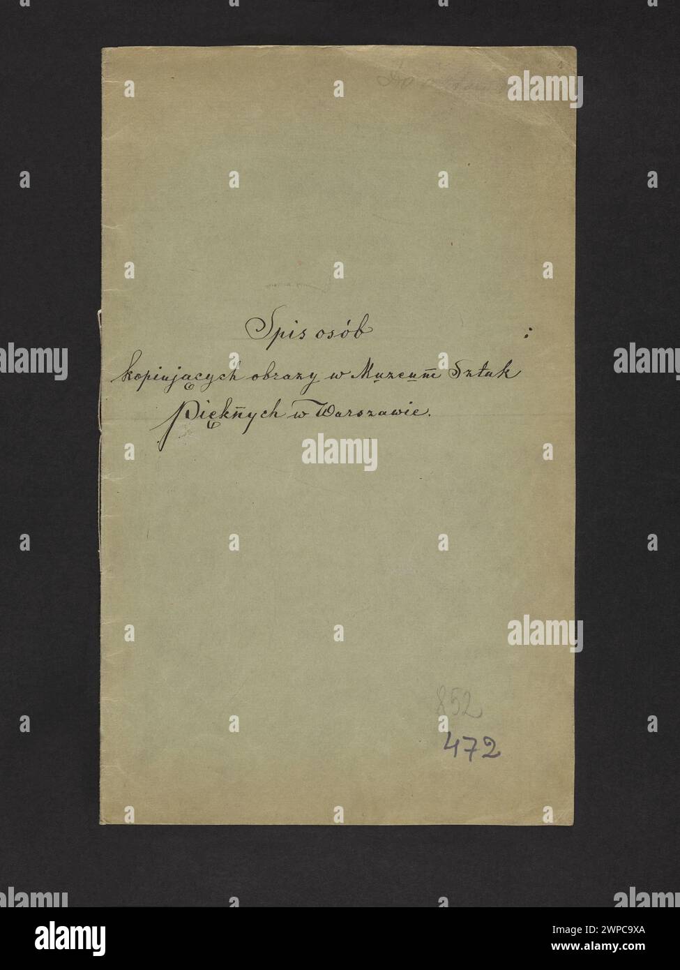 Eine Liste aus den Jahren 1862 bis 1915, in der Personen, die Bilder im Museum of Father's Arts in Warschau kopieren, dokumentiert wurden, welche Beiträge zu künstlerischen und archivalen Arbeiten geleistet haben. Stockfoto