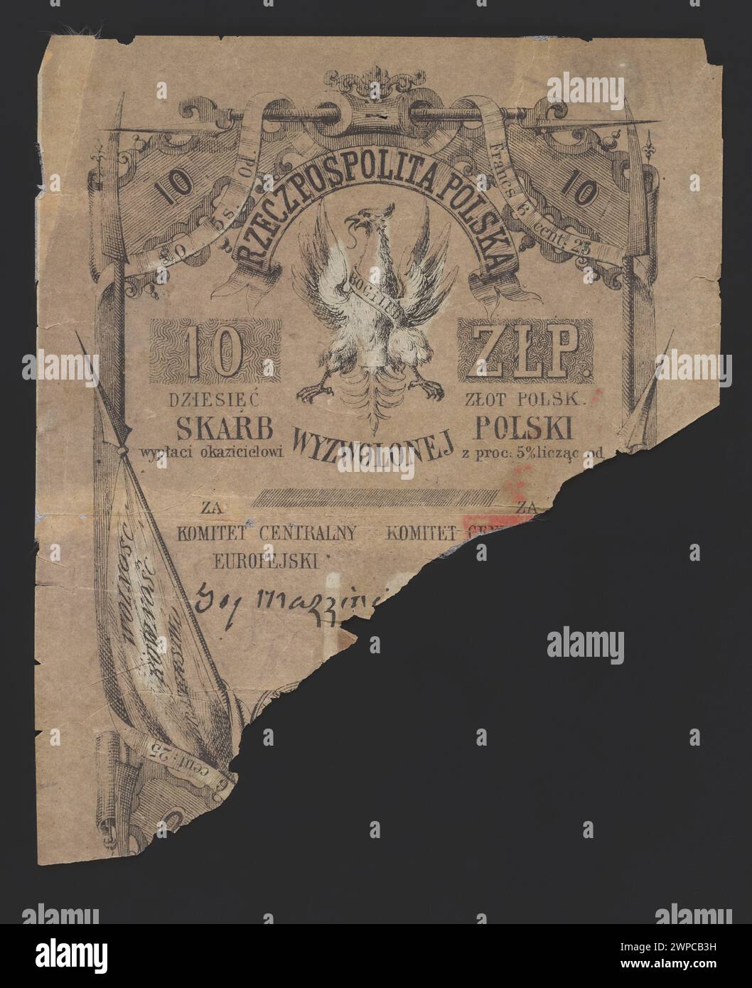 Finanzschein, ausgestellt 1853 für das befreite Polen, als offizielles Finanzinstrument der Regierung. Stockfoto