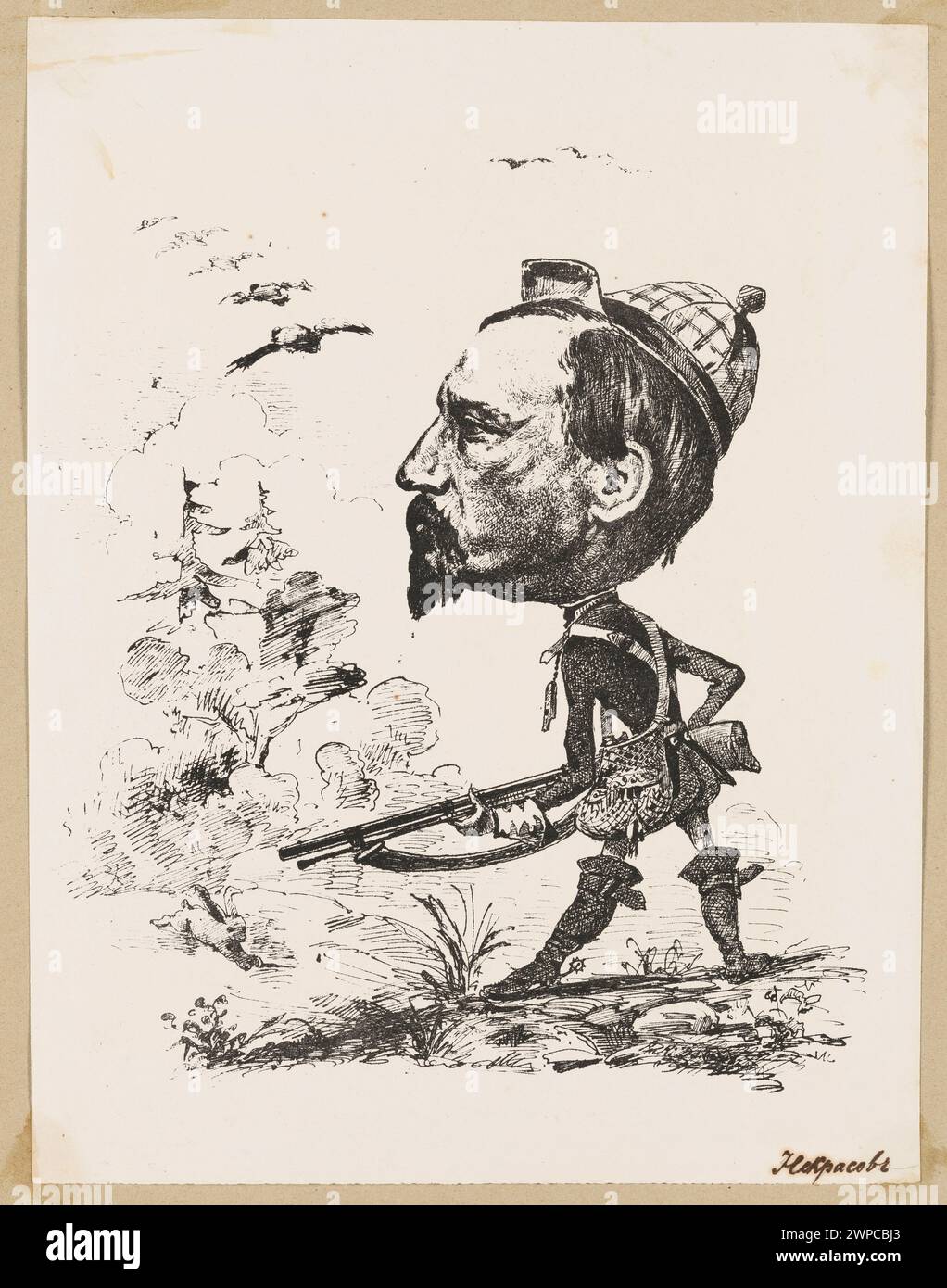 Karikatur, die Niko Ajaja in der Jagd zeigt, mit übertriebenen Merkmalen und satirischem Stil. Stockfoto
