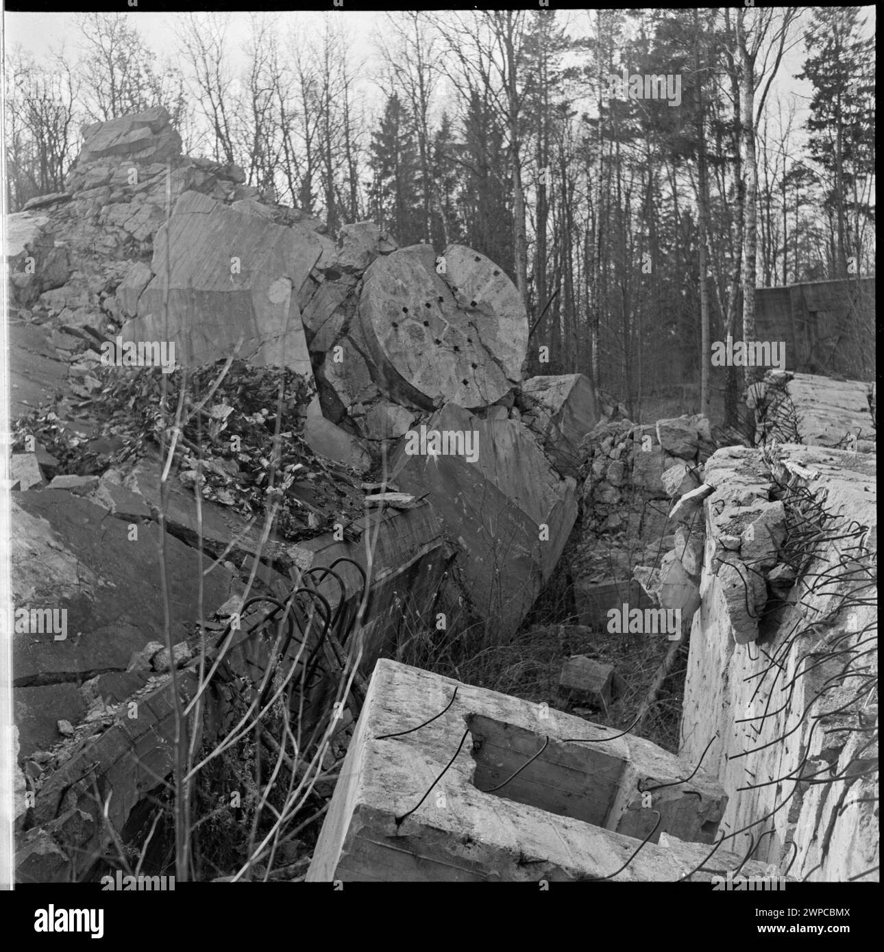 Foto mit den Überresten eines Bunkers in Wilcze Szańc, dem ehemaligen Hauptquartier von Adolf Hitler, das 1953 für den artikel von Mirosław Azembski aufgenommen wurde. Stockfoto