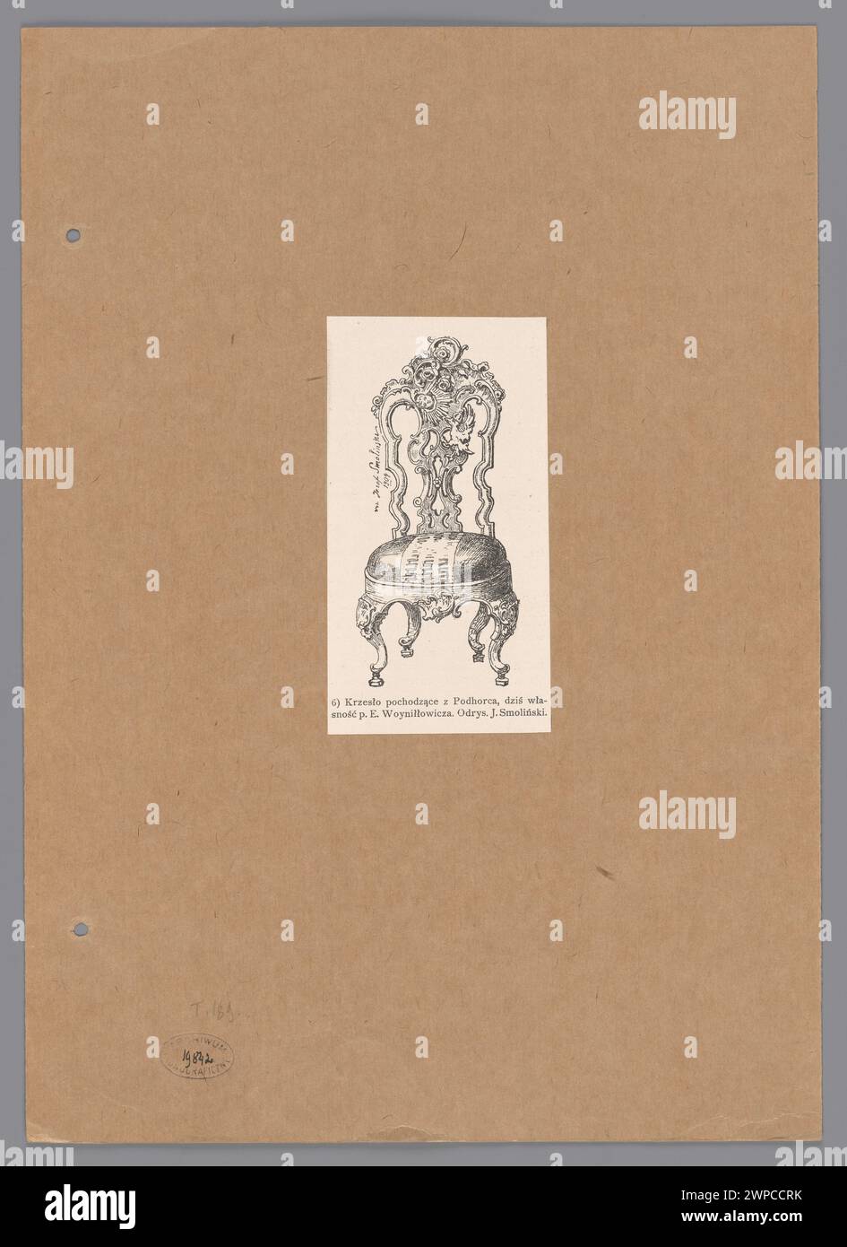 Stuhl aus Podhorians, illustriert in Zygmunt Glogers Band 1909 über Holzbau und Baumprodukte im alten Polen, dokumentiert von Jozef Smolinski, zeigt traditionelle polnische Holzkunst. Stockfoto