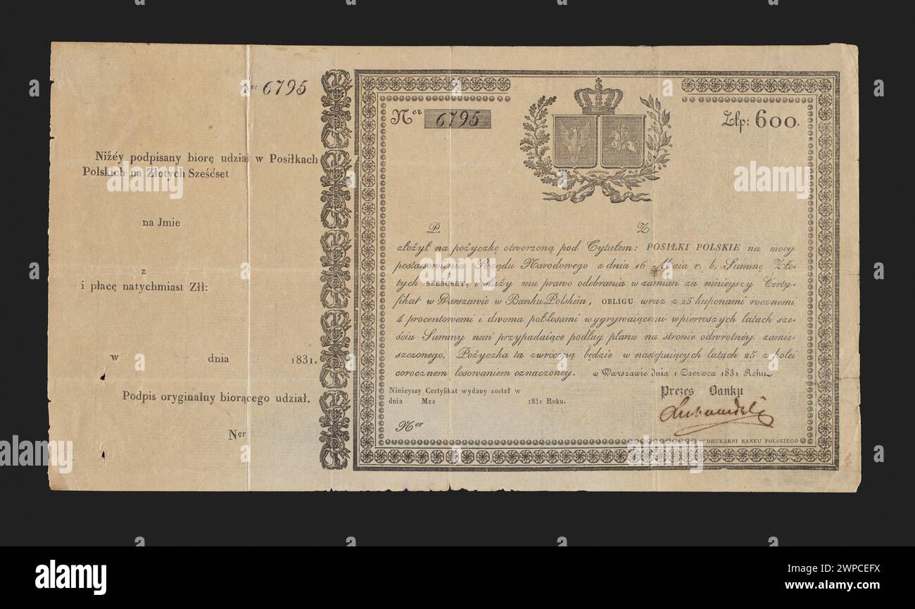 1831 von der polnischen Regierung ausgegebene Darlehensanleihe, ein Finanzinstrument, das eine öffentliche Schuldverpflichtung darstellt. Stockfoto