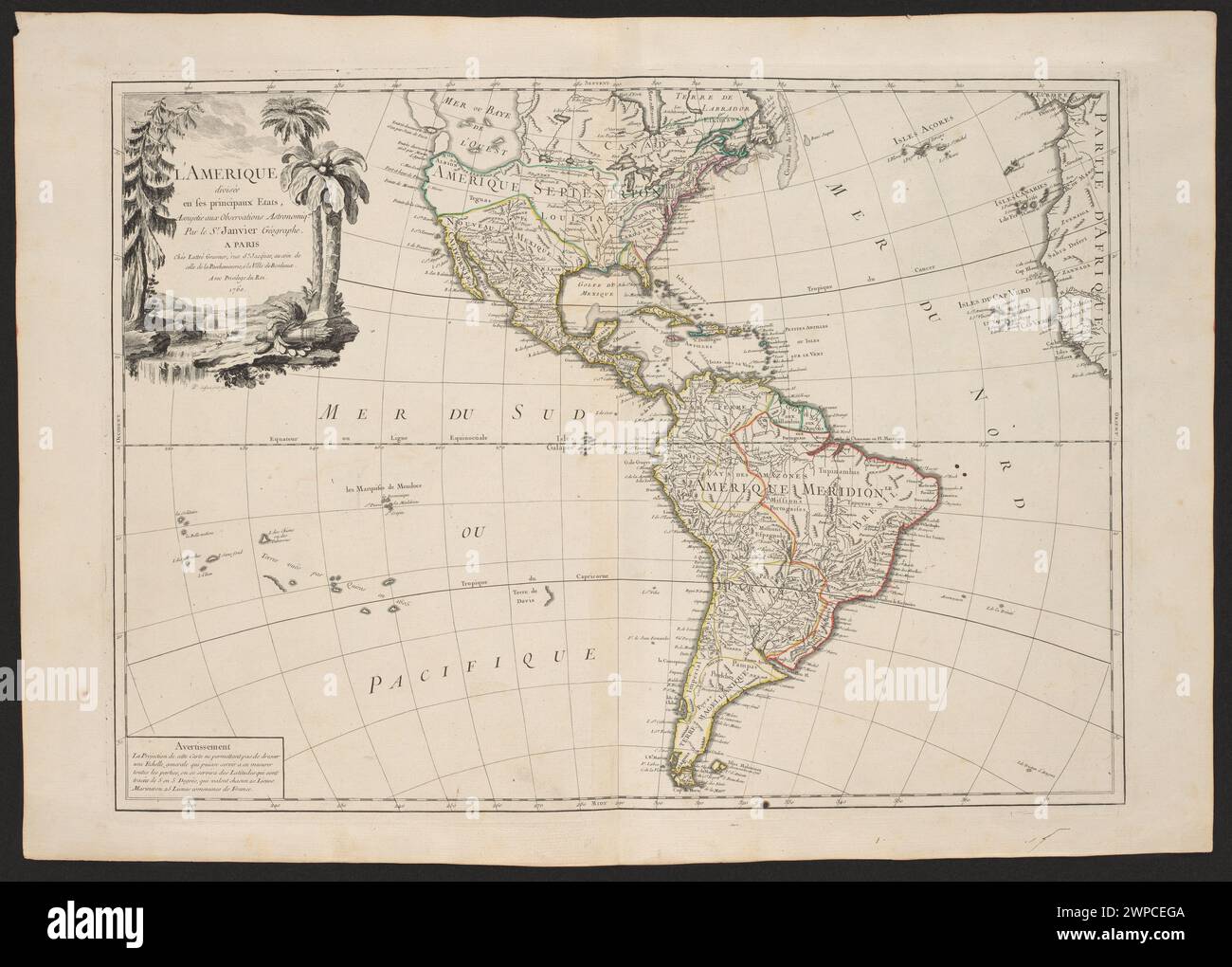 Karte von Amerika, unterteilt in hauptstaaten, mit astronomischen Beobachtungen, erstellt von Jean Beauin im Jahr 1763, die geographische und wissenschaftliche Details der Periode zeigt. Stockfoto