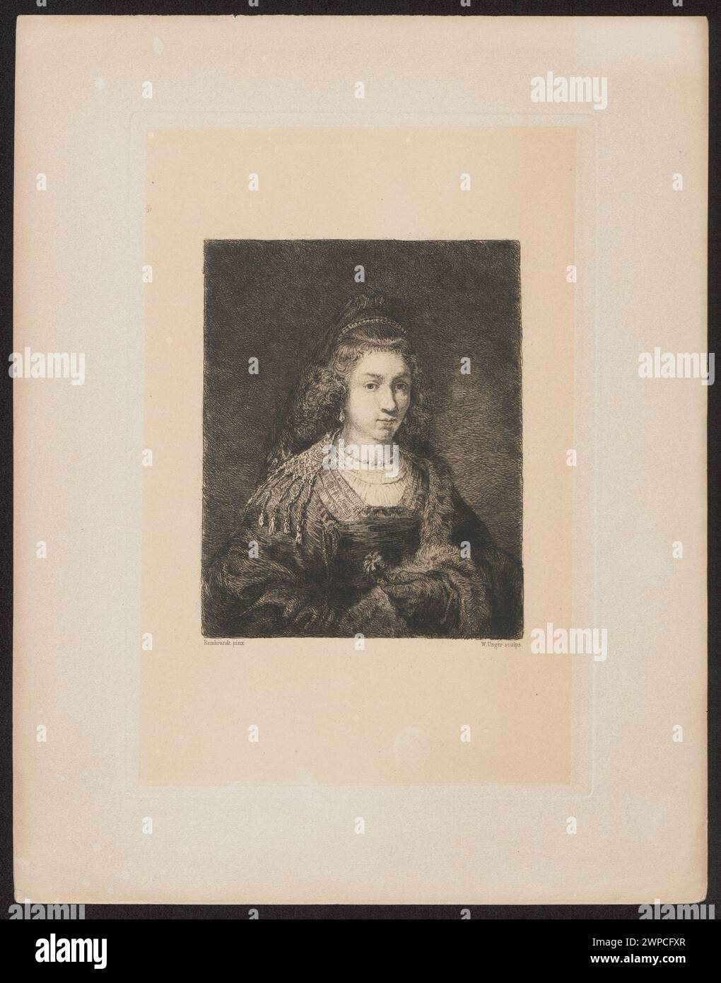 Reproduktion von Rembrandts Gemälde mit einer Dame, begleitet von einer männlichen Figur, aus William Ungers Grafikportfolio von 1872, das niederländische Porträts und soziale Interaktion des 17. Jahrhunderts illustriert. Stockfoto
