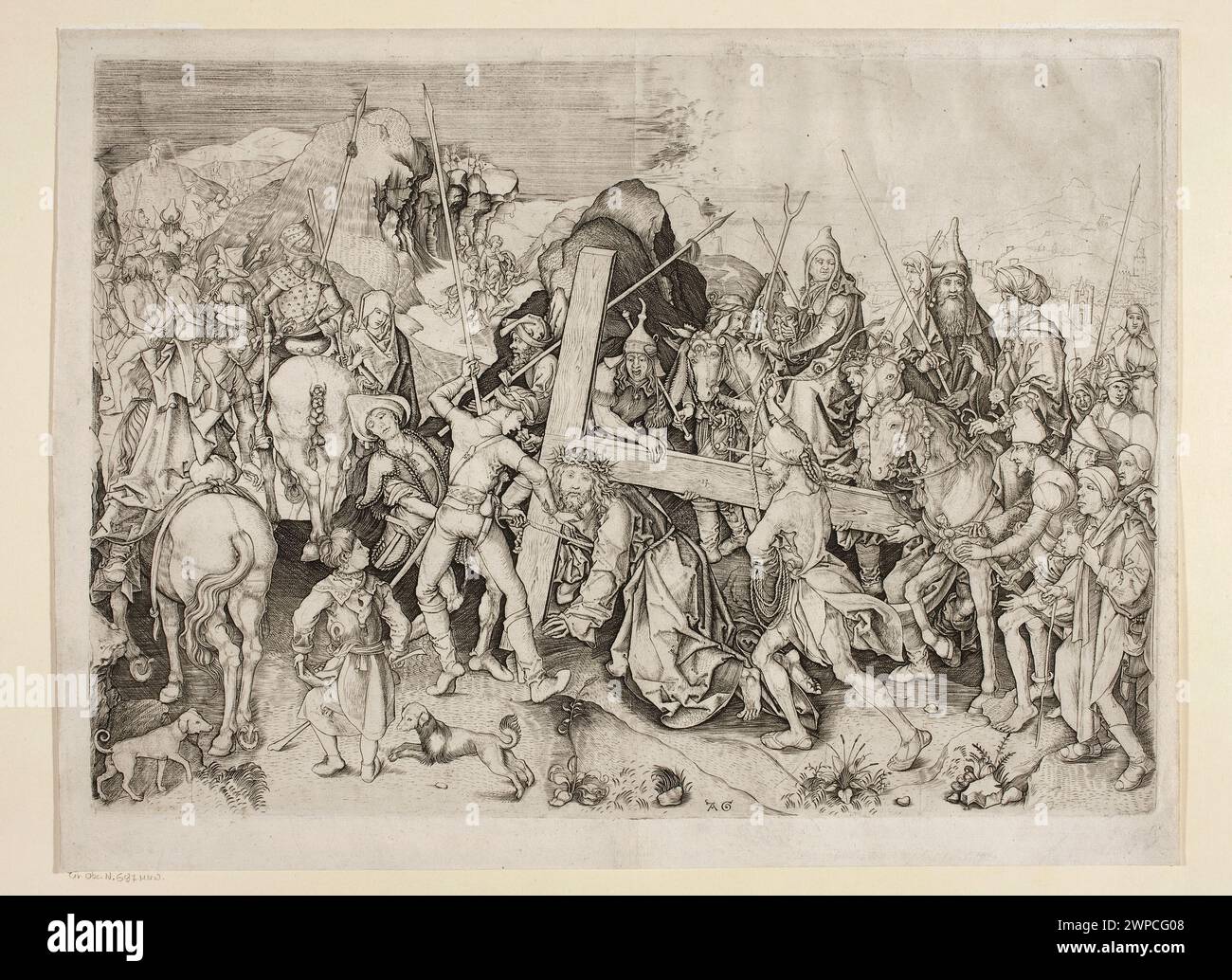 Caring on the Cross (sog. groß oder groß); Monogramist AG (fl. Post 1470), Monogramist W. H. (fl. Post 1470), Schongauer, Martin (ca.1430-1491), Eyck, Jan Van (ca.1390-1441); 15. Jahrhundert (1485-00-00-1510-00-00); Kreuz (iconogr.), Passion (iconogr.), Schlesisches Museum der Bildenden Künste (Wrocław - 1880-1945) - Sammlung, Kreuze, Hunde, religiöse Szenen Stockfoto