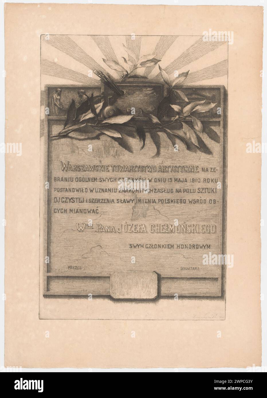 Diplom der Warschauer Künstlerischen Gesellschaft zur Verleihung der Ehrenmitgliedschaft an Józef Chełmoński zwischen 1910 und 1911 mit Pinseln und Lorbeerzweigmotiven. Stockfoto