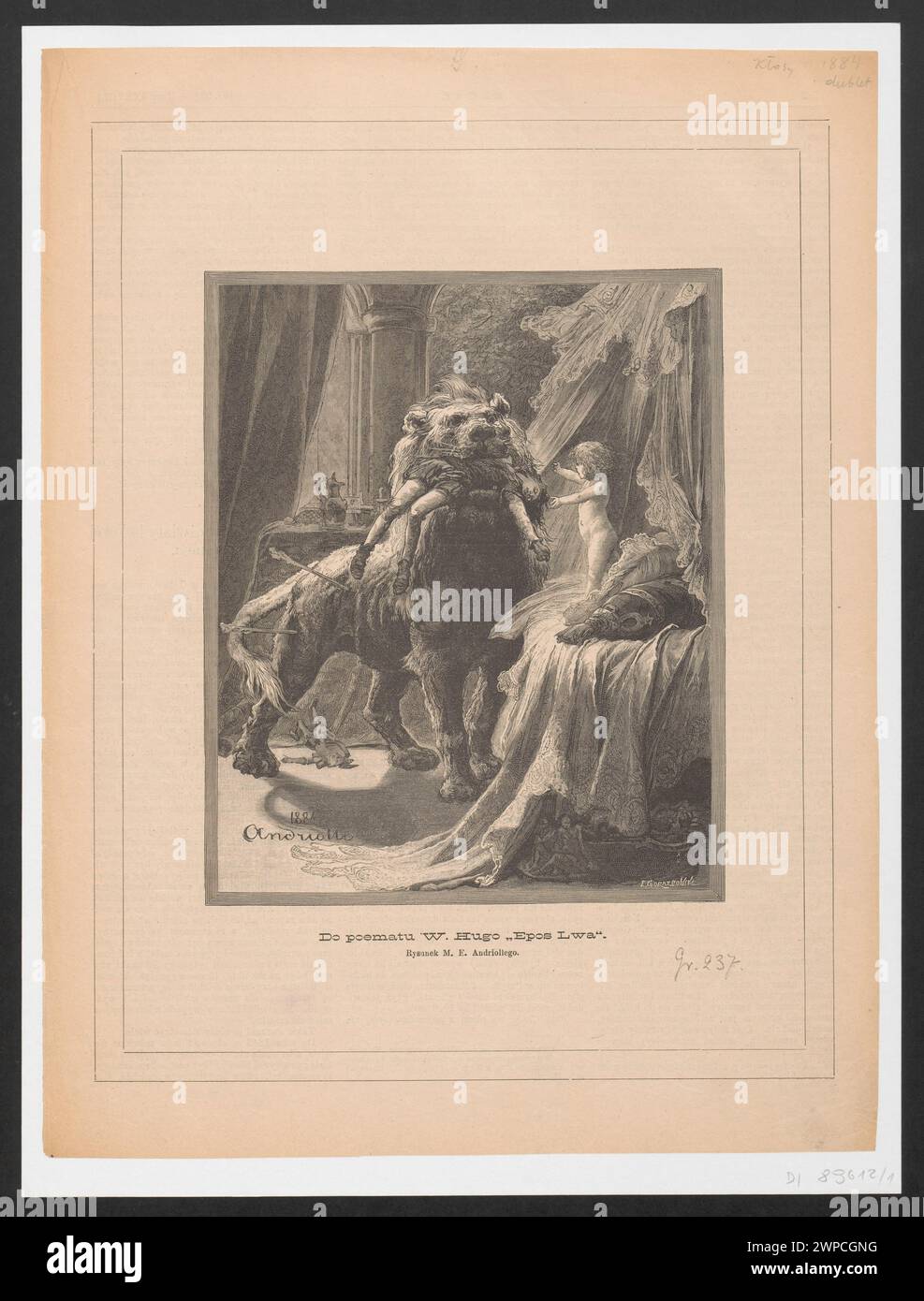 Micha Elwiro Andriolli, zum Gedicht W. Hugo "Epos Lion"; aus "K Osy" 1884 Nr. 983, S. 281; Gorazdowski, Edward (1843-1901), Andriolli, Micha Elwiro (1836-1893); 1884 (1884-00-00-1884-00); Federowski, Michał (1853-1923)-Kollektion, Hugo, Victor (1802-1885). EPOS Lion, Kłosy (Warschau - Zeitschrift - 1865-1890) - Illustrationen, Geschenk (Provenienz), Illustrationen für literarische Werke, polnische Malerei Stockfoto