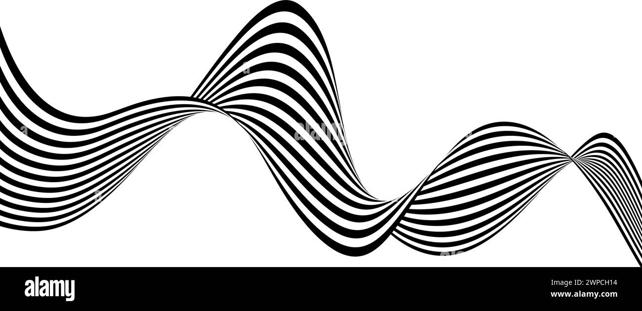 Schwarzes und weißes, gewelltes, gebogenes Bandelement. Hintergrund der 3D-Kurvenstreifenform. Flüssige abstrakte Linien Tapete für Banner, Cover, Poster, Präsentation, Broschüre. Optische Illusionskunst im Hintergrund. Vektor Stock Vektor