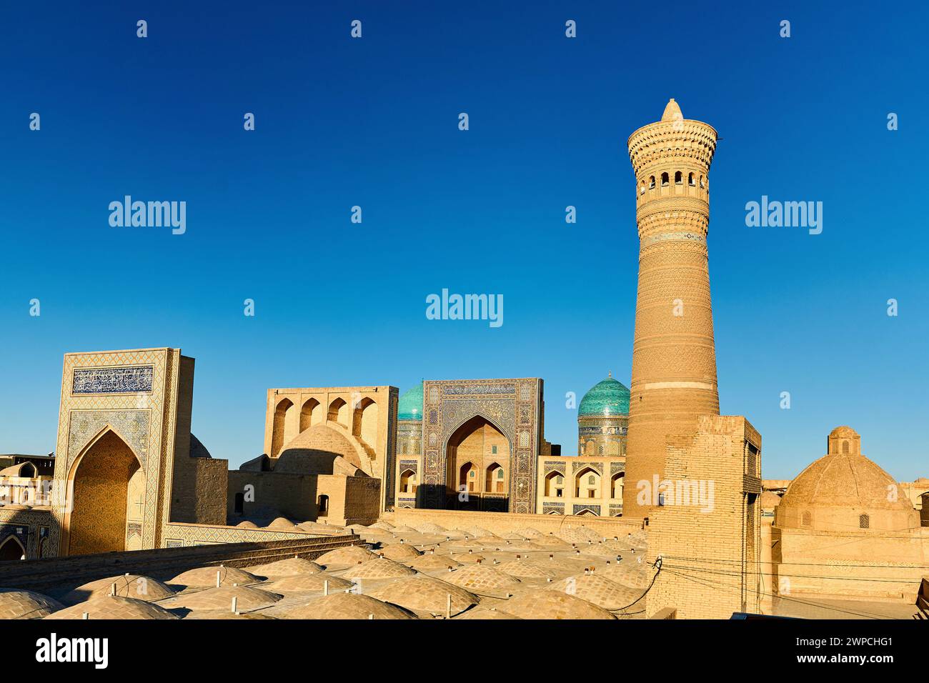 Blick auf den Kulturplatz von Kalyan Minaret und die Madrasah in Buchara, Usbekistan Stockfoto