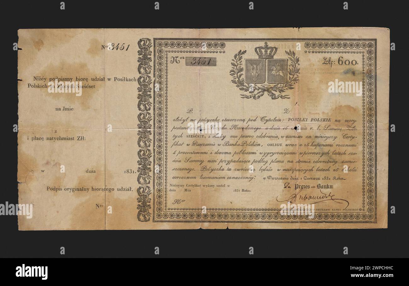 Kreditverpflegung polnische Anleiheurkunde; nationale Regierung, öffentliche schuldenrückzahlungskommission; 1831 (1852-00-00-1852-00-00); Stockfoto