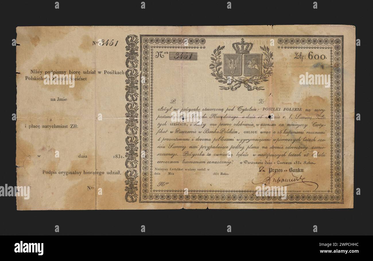 Polnische Staatsanleihen aus dem Jahr 1831, ausgestellt zur Tilgung öffentlicher Schulden, ein Finanzinstrument, das eine rechtliche Verpflichtung zur Rückzahlung von Mitteln darstellt. Stockfoto