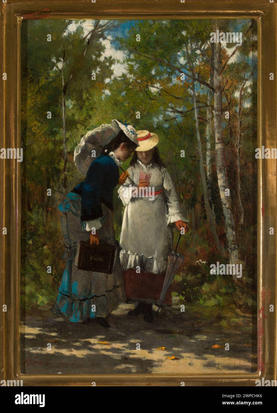 Dieses Gemälde von Alfred Kowalski Wierusz aus dem Jahr 1875 zeigt Purser, die durch einen Wald gehen, und betont Landschaft, Figuren und naturalistische Komposition. Stockfoto