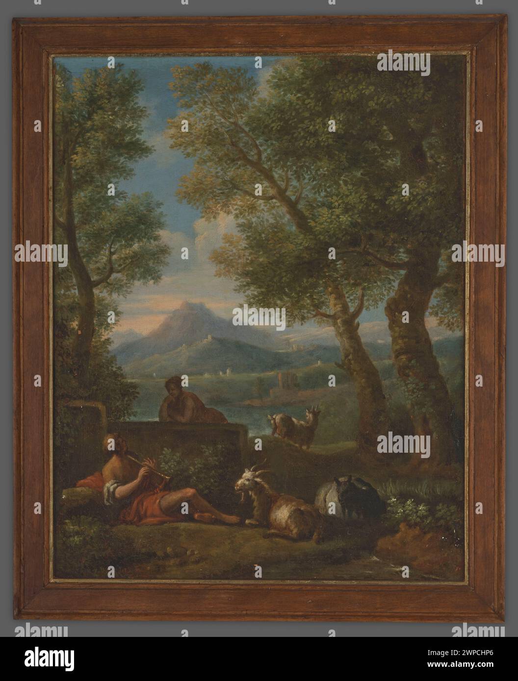 Pastorale Landschaftsmalerei von Jan Frans Van Bloemen aus den Jahren 1691–1710, die ländliche Landschaft mit Bäumen, Feldern und Bauernhöfen im späten 17. Bis frühen 18. Jahrhundert darstellt. Stockfoto