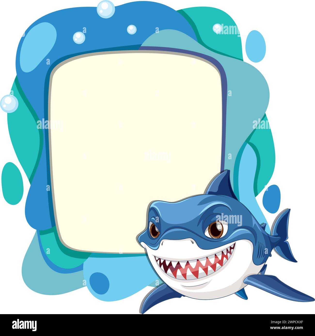 Fröhliche Hai-Illustration mit einem leeren Schild Stock Vektor