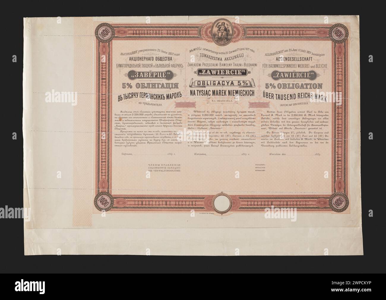 5% Anleihe, die 1889 von der Aktiengesellschaft des Werks Zawiercie ausgegeben wurde, gedruckt von Maksymilian FAMAns in Warschau, als Finanzsicherheitsinstrument verwendet wurde. Stockfoto