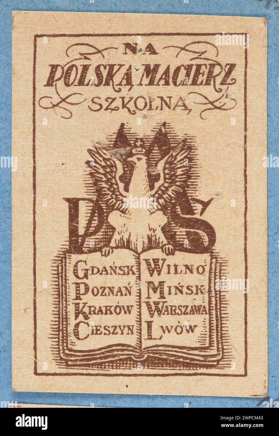 Eine Briefmarke von 1913 bis 1921, die Waisen auf einem Buch mit Stadtnamen und PMS-Buchstaben dahinter zeigt und polnische Schulen unterstützt. Stockfoto
