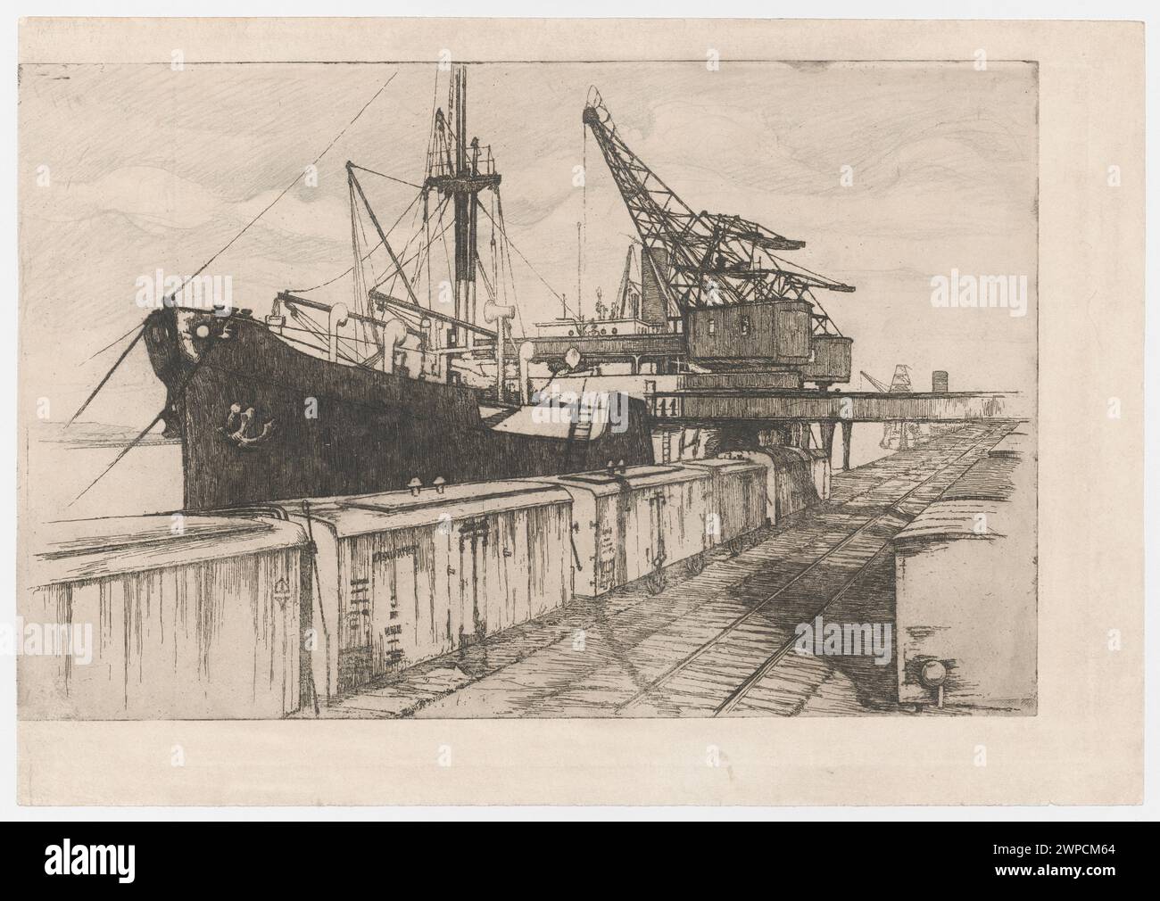 Gdynia - Hafen; Verso: Der Altstädter Ring in Warschau; Care, Ignacy (1865-1941); 1932 (1932-00-00-1932-00); Gdynia (Woiwodschaft Pommern), Ostsee, Altstädter Ring (Warschau), Warschau (Woiwodschaft Masowien), polnische Grafiken, Mietshaus unter St. Anna (Warschau), Kamienice, Kolej (Verkehr), Eisenbahn, See, Polen (Kultur), Häfen, Schiffe, Verkehr, Łopieński, Ignacy (1865-1944), Łopieński, Ignacy (1865-1944)-Sammlung, Segeln (Transport), Kräne (Archite). Stockfoto