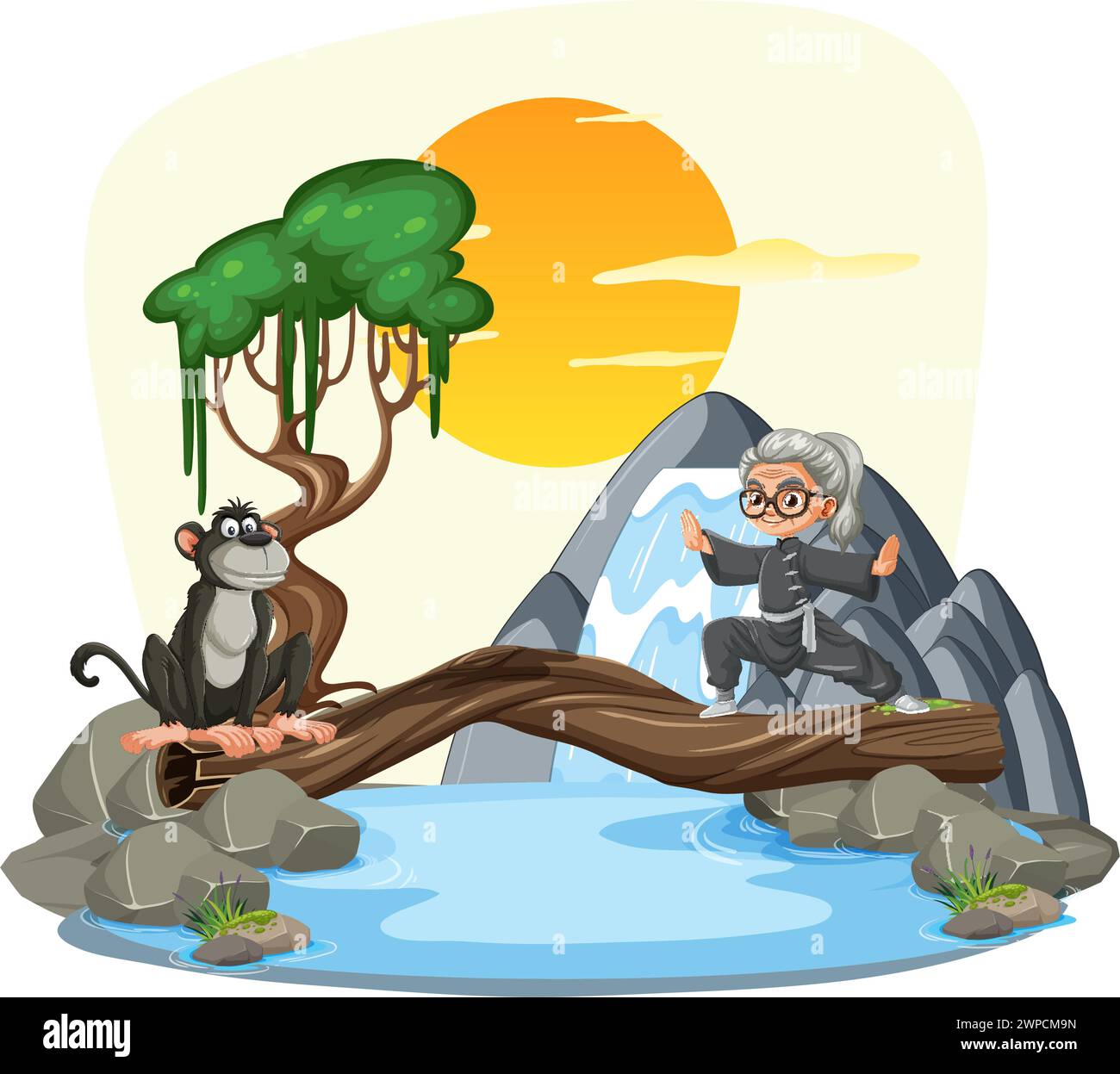 Älterer Mann und Affe sitzen bei Sonnenuntergang am Fluss. Stock Vektor