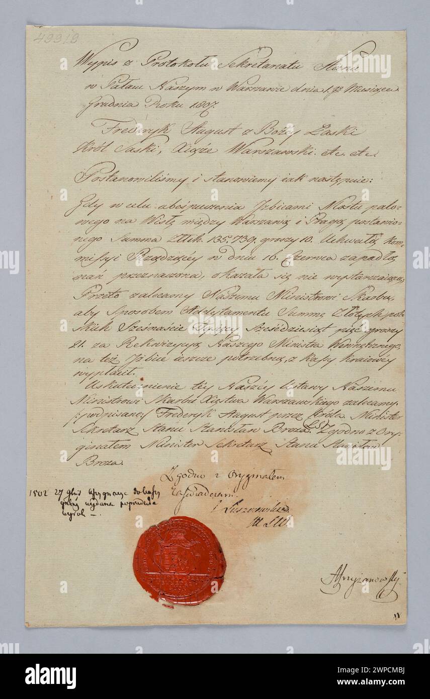 In diesem Dokument aus dem Jahr 1807 werden die Tätigkeiten des Innenministers dokumentiert und die administrativen Zuständigkeiten innerhalb der Regierung detailliert dargelegt. Stockfoto