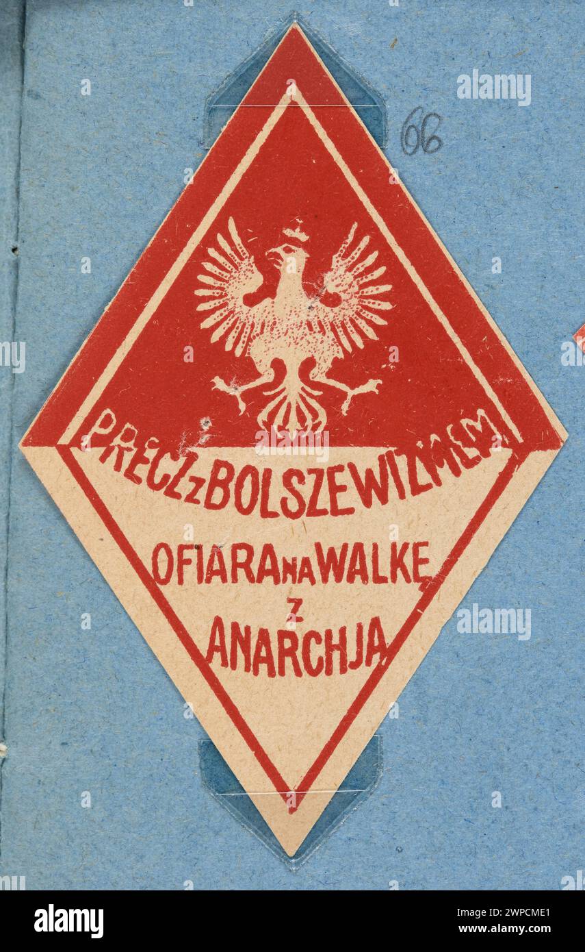 Dieser Gehäusedruck aus dem Jahr 1920 zeigt das polnische Emblem mit dem dem Bolschewismus entgegengesetzten Text, der die polnische politische Propaganda und Grafik des frühen 20. Jahrhunderts widerspiegelt. Stockfoto