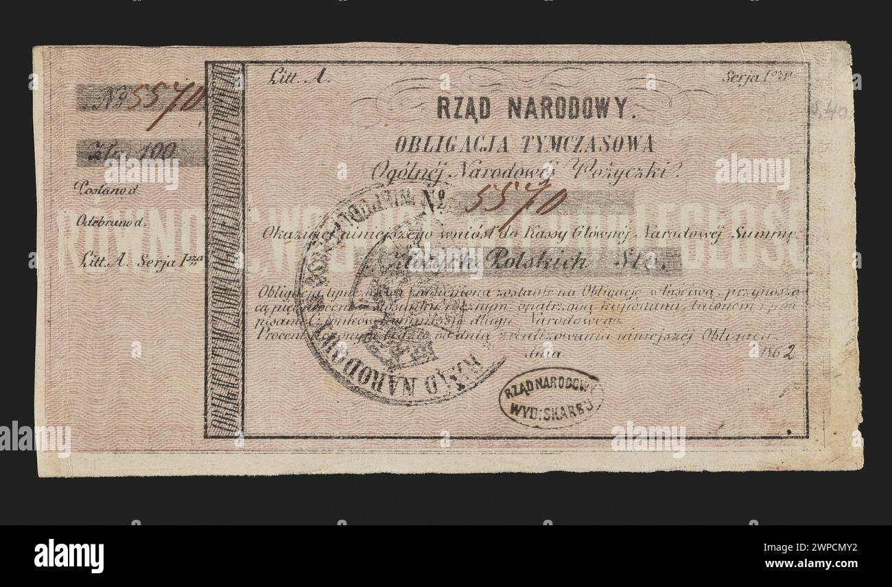 Vorläufige Anleihe, die 1862 für ein allgemeines nationales Darlehen ausgegeben wurde und als vorübergehendes Finanzinstrument für öffentliche Schulden und Investitionen dient. Stockfoto