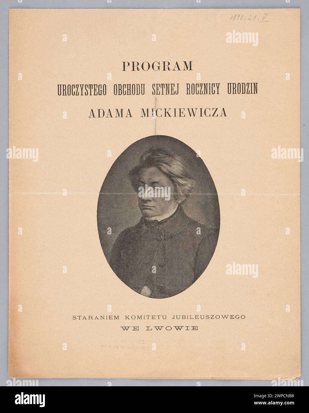 Programm zur Feier des 100. Jahrestages der Geburt von Adam Mickiewicz in Lemberg im Jahr 1898, mit einem ovalen Porträt des Dichters von Antonio Schiassi, organisiert vom Jubilee Committee und National Ossoliński Plant. Stockfoto