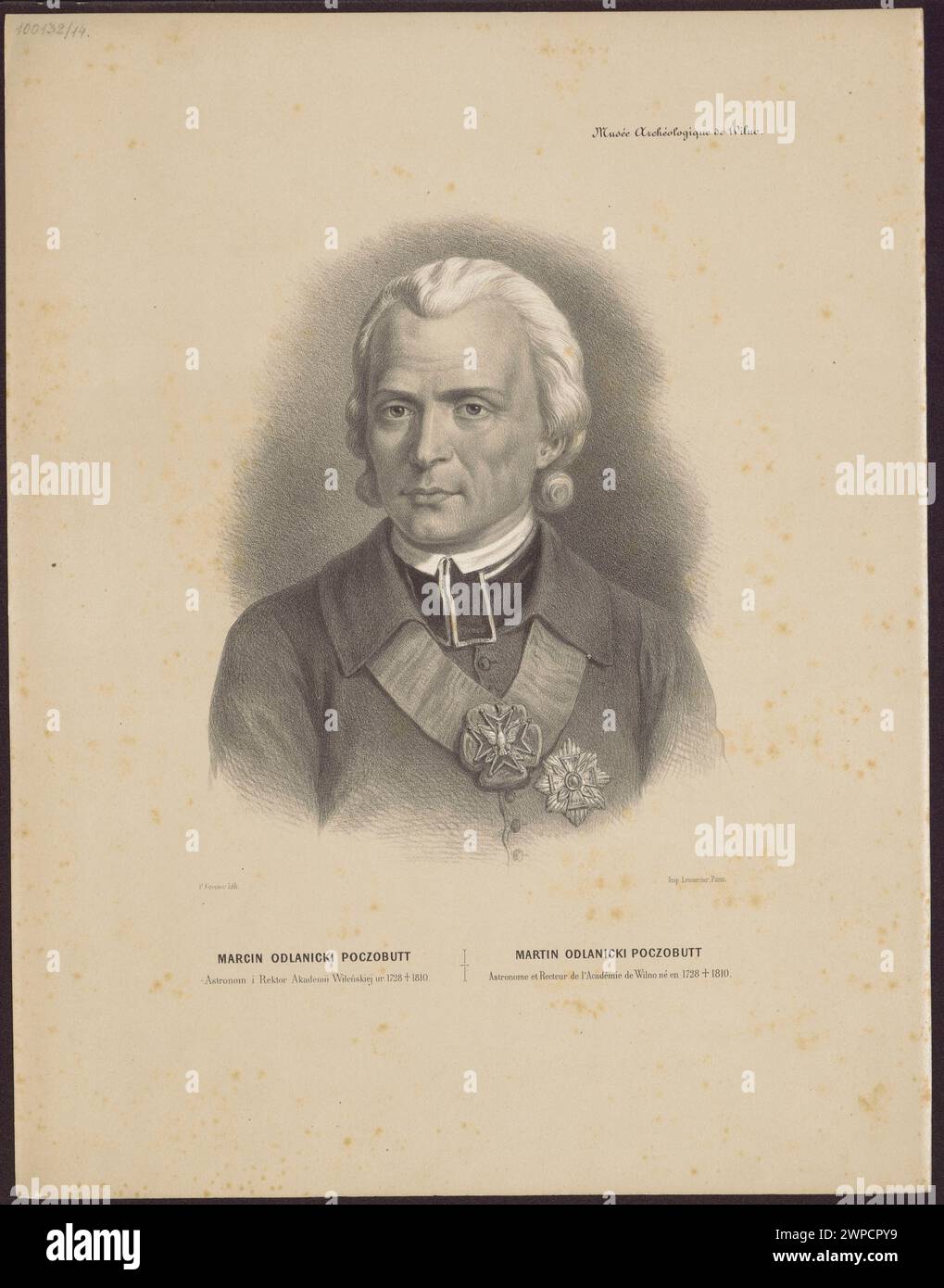 Ein Porträt von Marcin Odlanicki Poczobut, erstellt von Francisque-Martin-Francois Grenier de Saint-Martin, einem französischen Maler von 1793 bis 1867, und veröffentlicht von Rose Joseph Lemercier in Paris zwischen 1858 und 1862. Das Gemälde spiegelt französische Porträts aus dem 19. Jahrhundert wider. Stockfoto