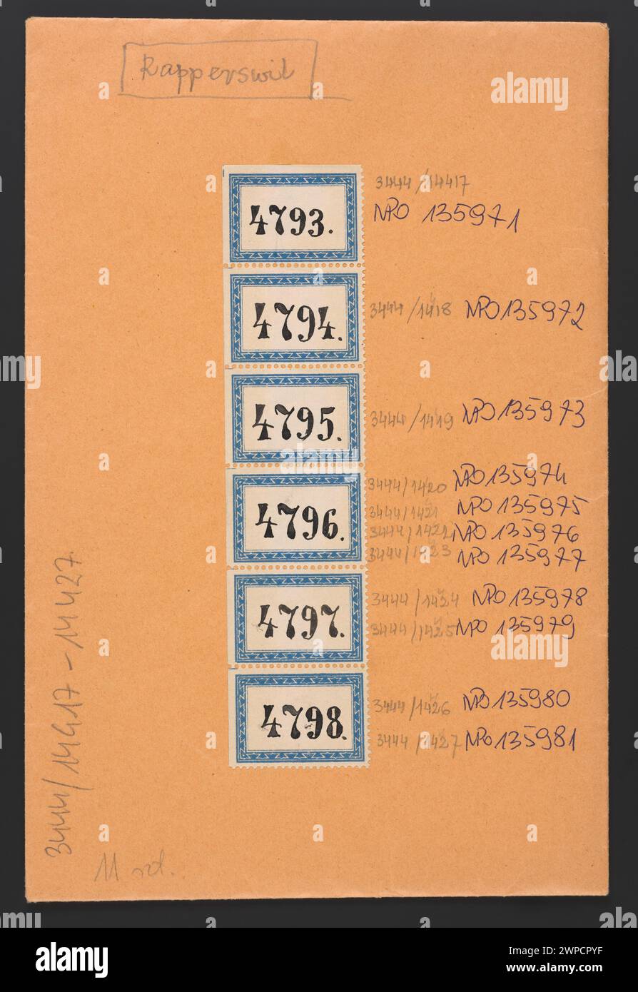 Von der nationalen Regierung im Jahr 1863 ausgegebenes Druckpapier für die Herstellung von Banknoten der Stückelungen 1, 2, 5, 25, 50, und 100 polnische Einheiten. Stockfoto