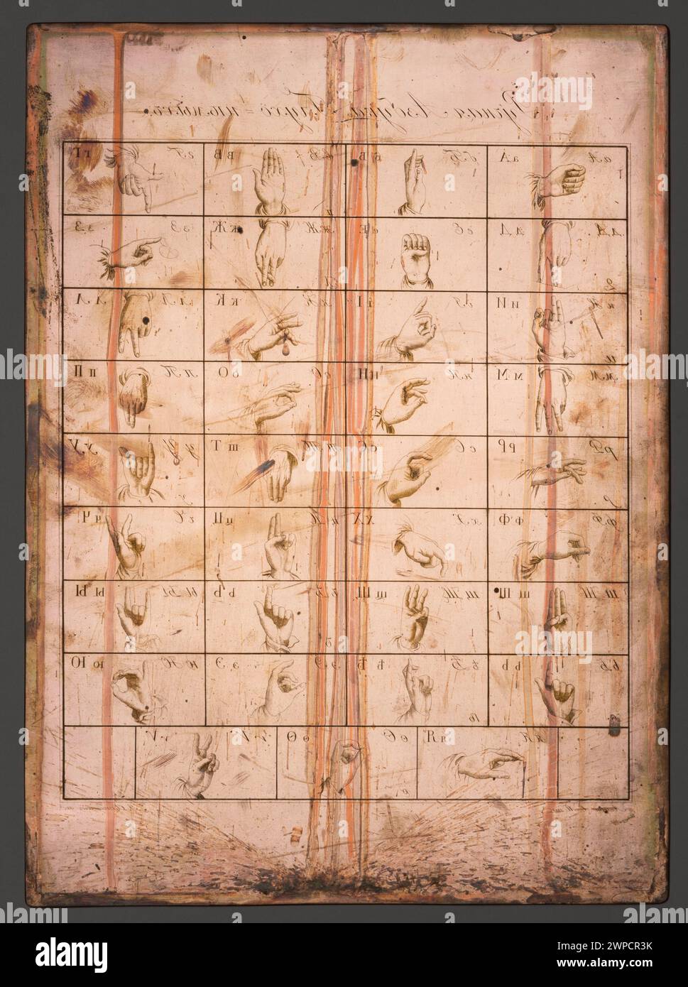 Das Alphabet für Gehörlose wurde von der Józef-Taufe (ca. 1792-1833) zwischen 1700 und 1800 geschaffen und zeigt Handzeichen und Briefe für die Kommunikation. Stockfoto