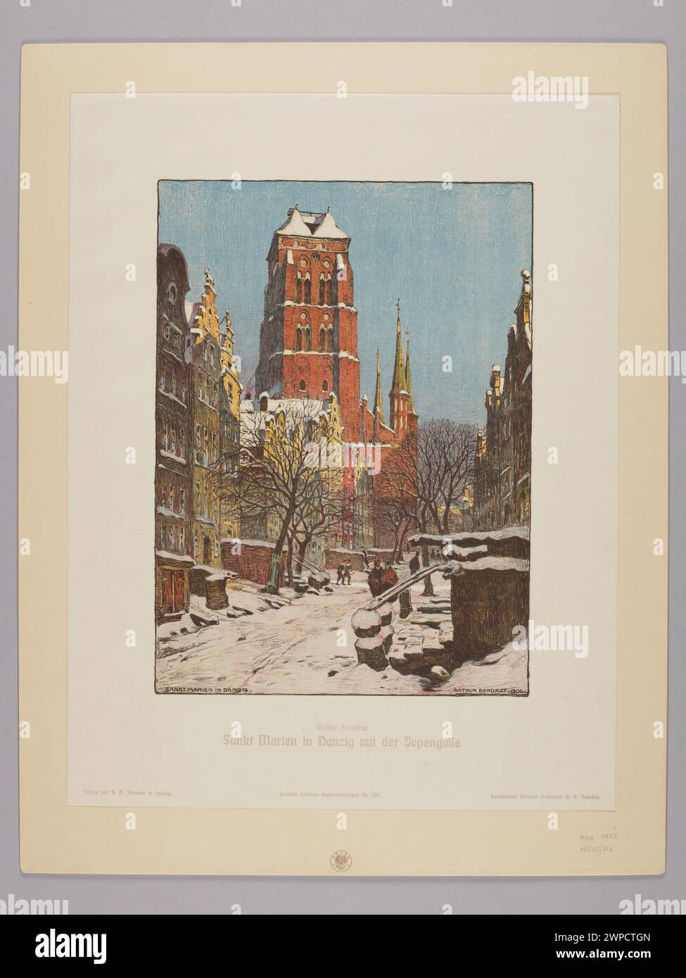 Darstellung der St.-Marien-Kirche in Danzig mit Jopengasse von Arthur Bendrat, erstellt 1906, mit architektonischen Merkmalen und urbaner Umgebung. Stockfoto