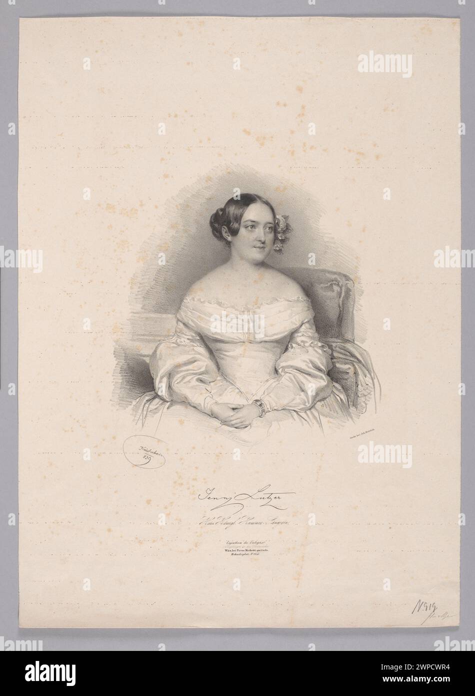 Porträt der kaiserlichen Kammersängerin Jenny Lutzer, geschaffen 1839 von Josef Kriehuber und Johann Höfelich in Wien, mit formaler Kleidung und beruflicher Identität. Stockfoto