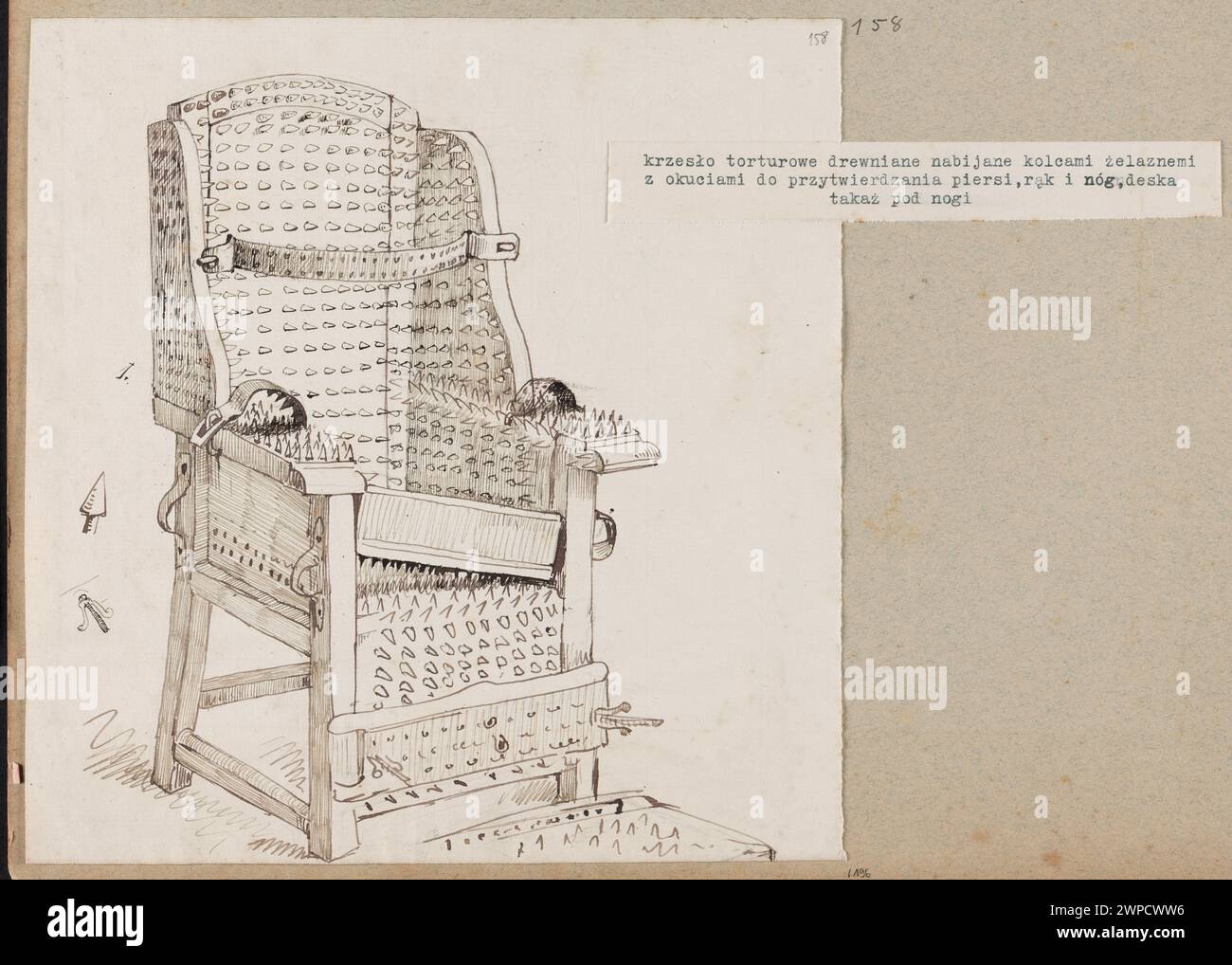 Untersuchung eines Folterstuhls von Władysław Czachórski (1850–1911) um 1870, mit Spikes, Stuhlstruktur und zugehörigen Werkzeugen der körperlichen Bestrafung. Stockfoto