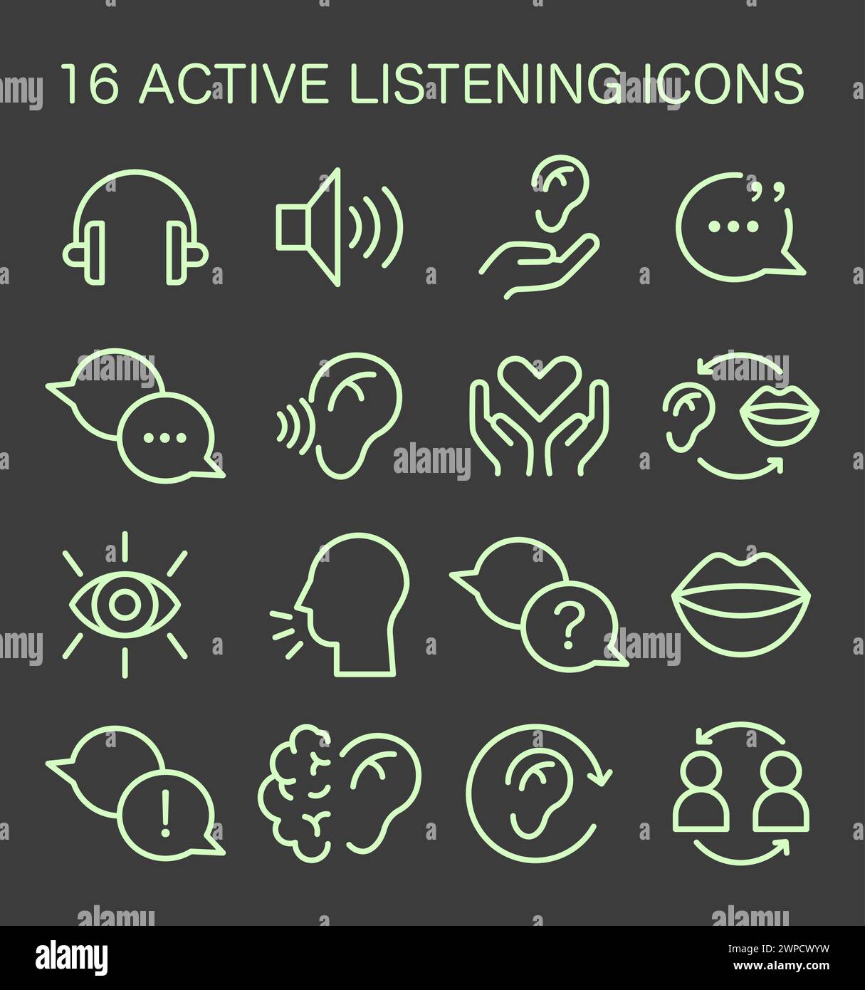 Symbole für die Fähigkeit „aktives Zuhören“ festgelegt. Symbol für Aufmerksamkeits-Soft-Skills. Konversation, Verhandlung, emotionale Intelligenz und Teamarbeit. Illustration des flachen Vektors Stock Vektor