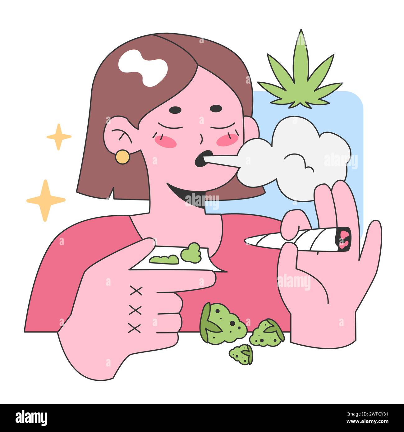 Freudige Frau, die Cannabis genießt. Mit Joint und Marihuana-Knospen, mit Rauch und Blätterhintergrund. Entspannung und Freizeit. Illustration des flachen Vektors. Stock Vektor