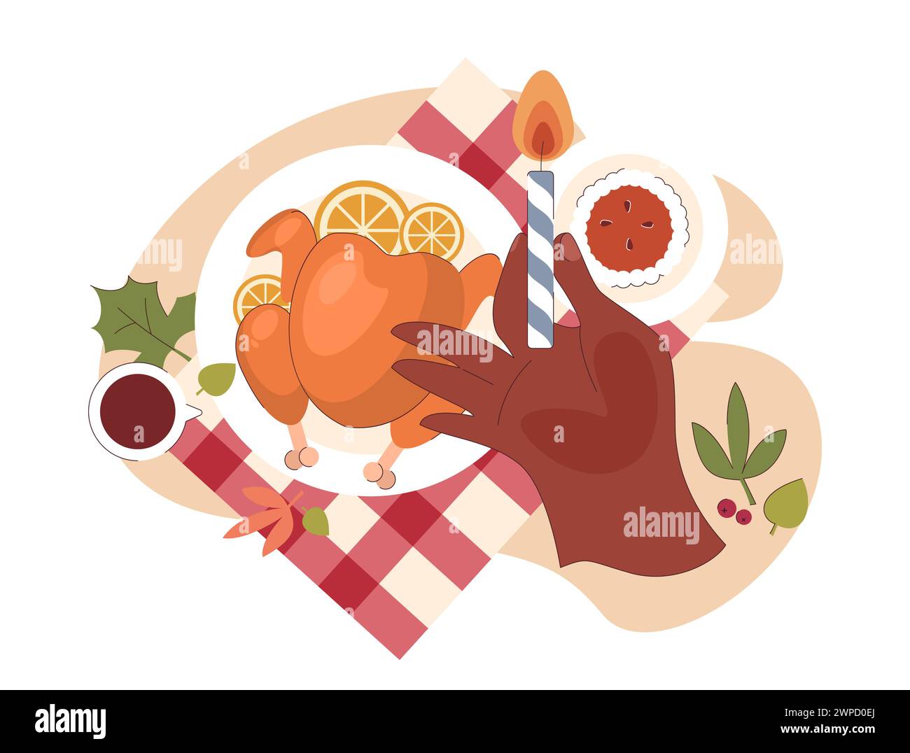 Fröhliche Familie feiert Thanksgiving. Amerikanische Feiertagsessen und -Treffen. Glückliche Kinder, Eltern und Großeltern, die Zeit miteinander verbringen. Illustration des flachen Vektors Stock Vektor
