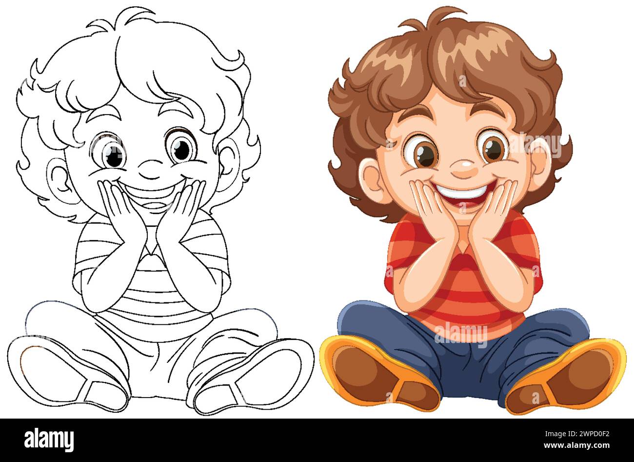 Farbenfrohe Strichkunst-Illustrationen eines glücklichen Jungen im Sitzen Stock Vektor