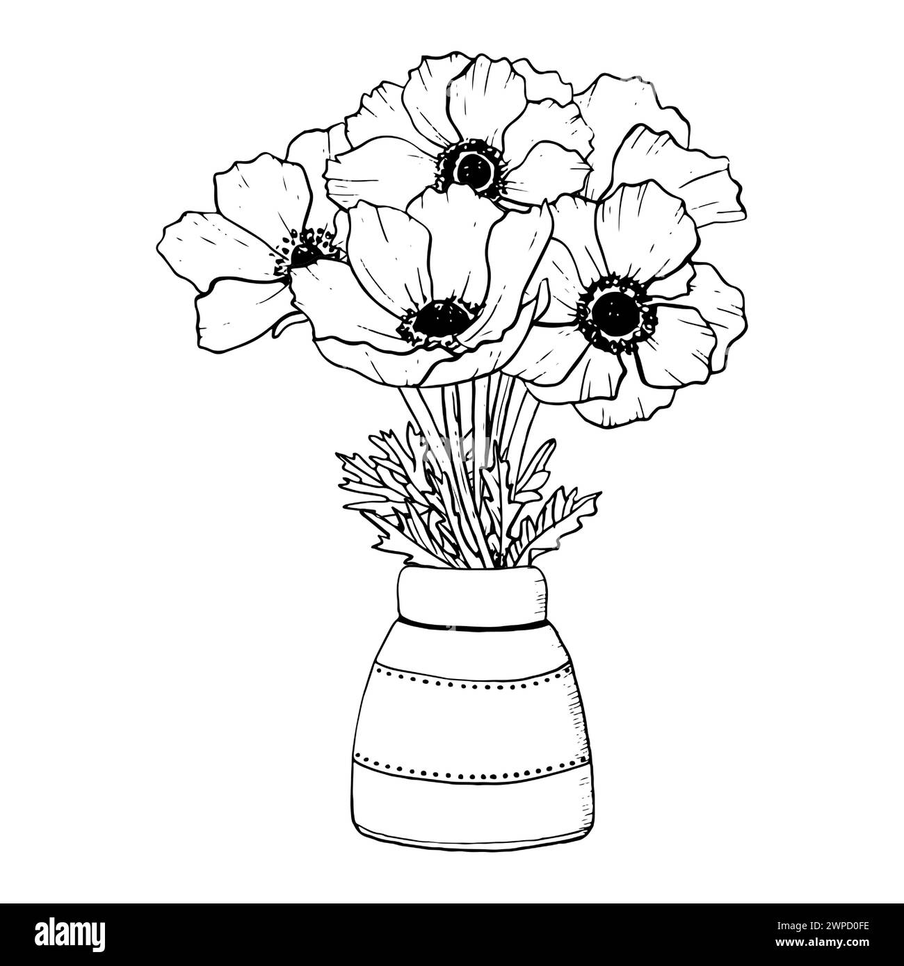 Anemonen Wildblumenstrauß in Keramikvase Stock Vektor