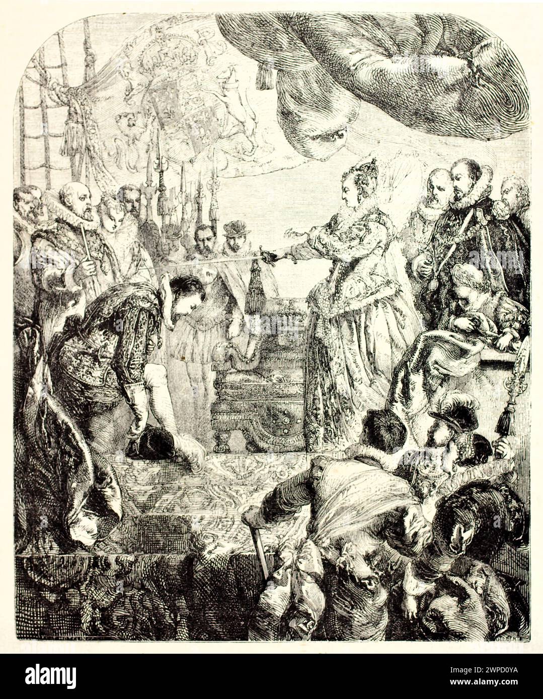 Alte, gravierte Illustration, die Francis Drake Ritterinvestitur von Königin Elisabeth zeigt. Von Gilbert, veröffentlicht auf Magasin Pittoresque, Paris, 1852 Stockfoto