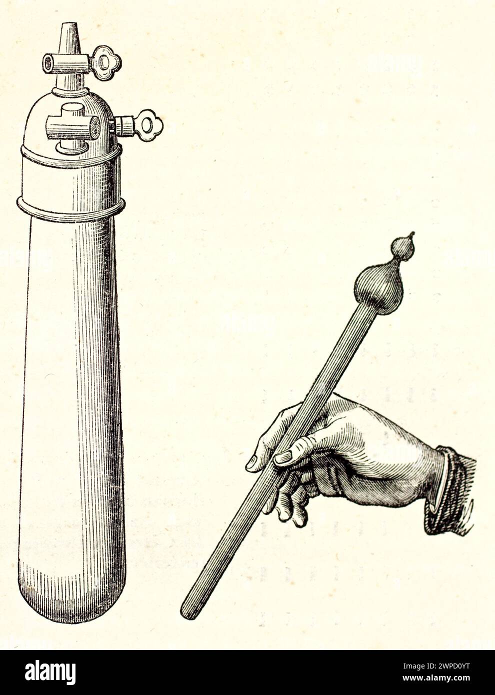 Alte Gravur von „Wasserhammer“ und Sperimentalvorrichtung zum Studium. Von unbekanntem Autor, veröffentlicht auf Magasin Pittoresque, Paris, 1852 Stockfoto