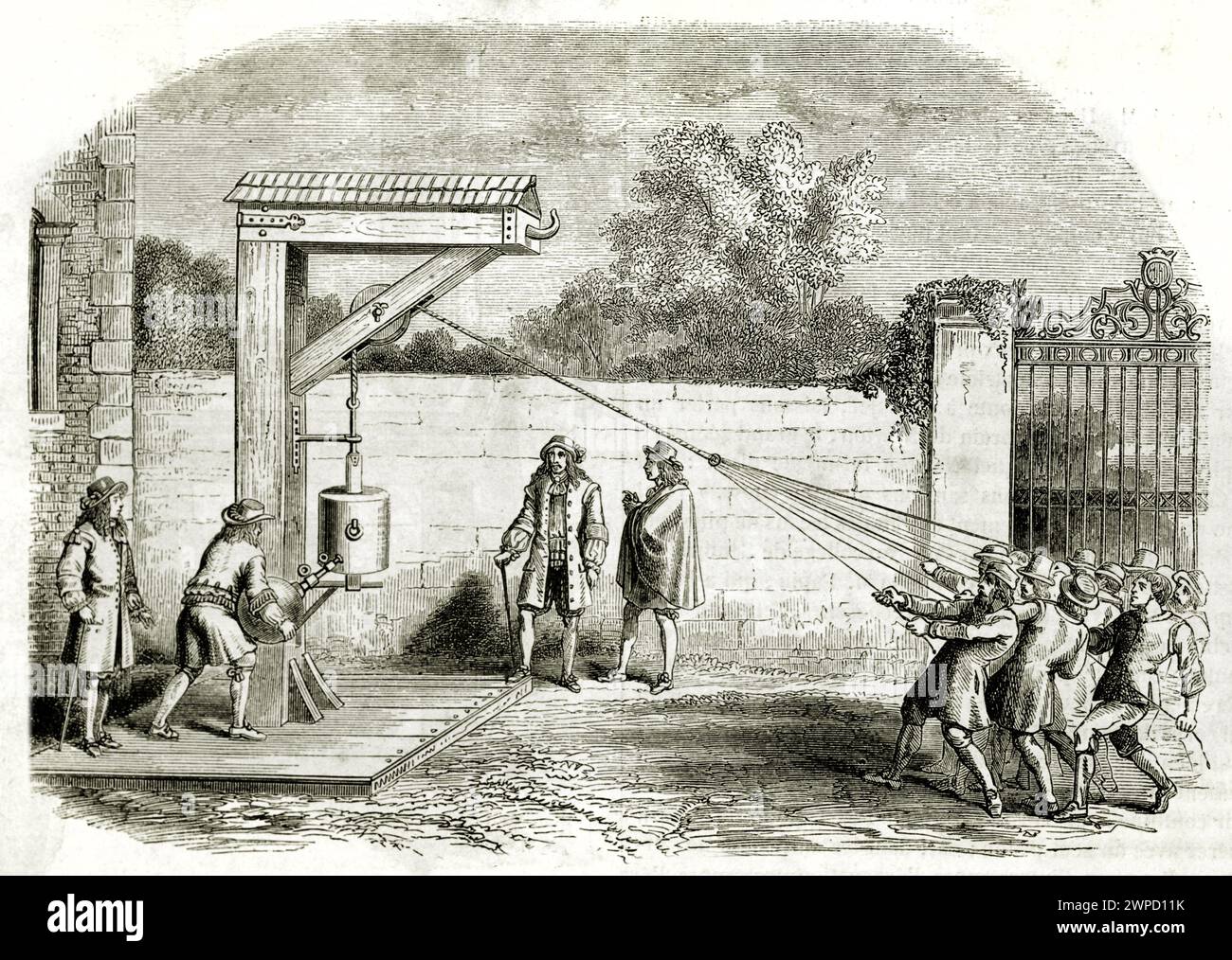 Alte Gravur-Illustration einer öffentlichen Demonstration eines pneumatischen Vakuumexperimentes. Von unbekanntem Autor, veröffentlicht in Magasin Pittoresque 1852 Stockfoto