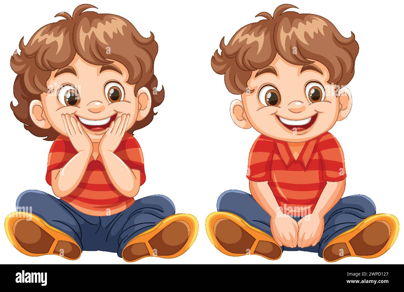 Zwei Illustrationen eines fröhlichen Zeichentrickjungen, der sitzt. Stock Vektor