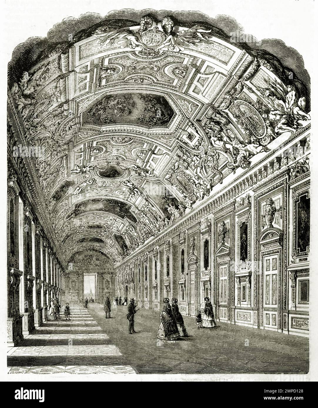 Antike Stiche der Galerie d’Apollon im Louvre, Paris, mit Blick auf die kunstvoll verzierte Decke. Von Blanchard und Gusmand, 1852. Stockfoto