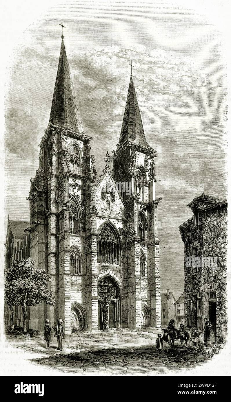 Alte gravierte Illustration der Kirche von Mouzon, Frankreich. Erstellt von Lancelot, veröffentlicht auf Magasin Pittoresque, Paris, 1852 Stockfoto