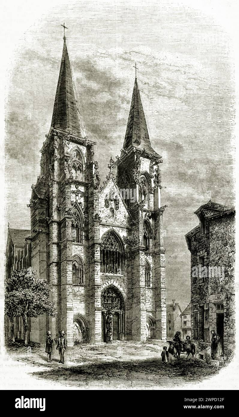 Antike Gravur der Kirche von Mouzon, Frankreich, mit gotischer Architektur. Von Lancelot, veröffentlicht in Magasin Pittoresque, 1852 Stockfoto