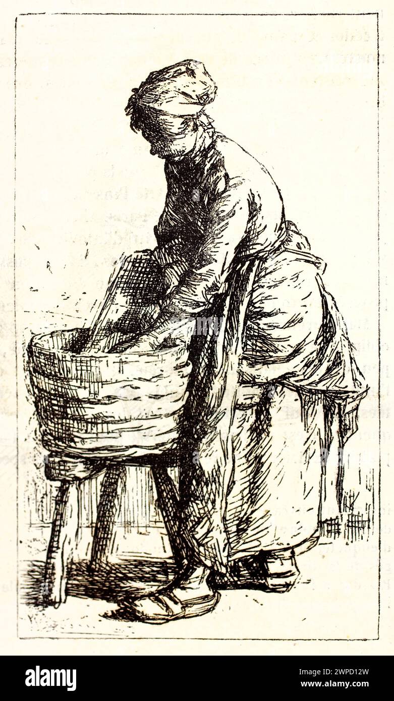 Alte gravierte Illustration einer Frau, die Kleidung wäscht. Von unbekanntem Autor, veröffentlicht auf Magasin Pittoresque, Paris, 1852 Stockfoto