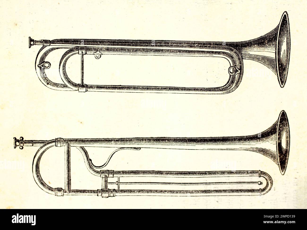 Antike Gravur von zwei französischen Trompeten, isoliert auf weiß. Von unbekanntem Autor, veröffentlicht in Magasin Pittoresque, Paris, 1852. Stockfoto