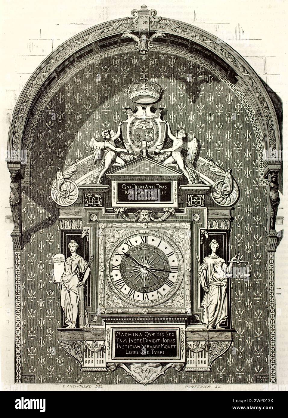 Alte gravierte Illustration der reich detaillierten Uhr des Justizpalastes in Paris mit symbolischen Allegorien von Recht und Gerechtigkeit. 1852 Stockfoto